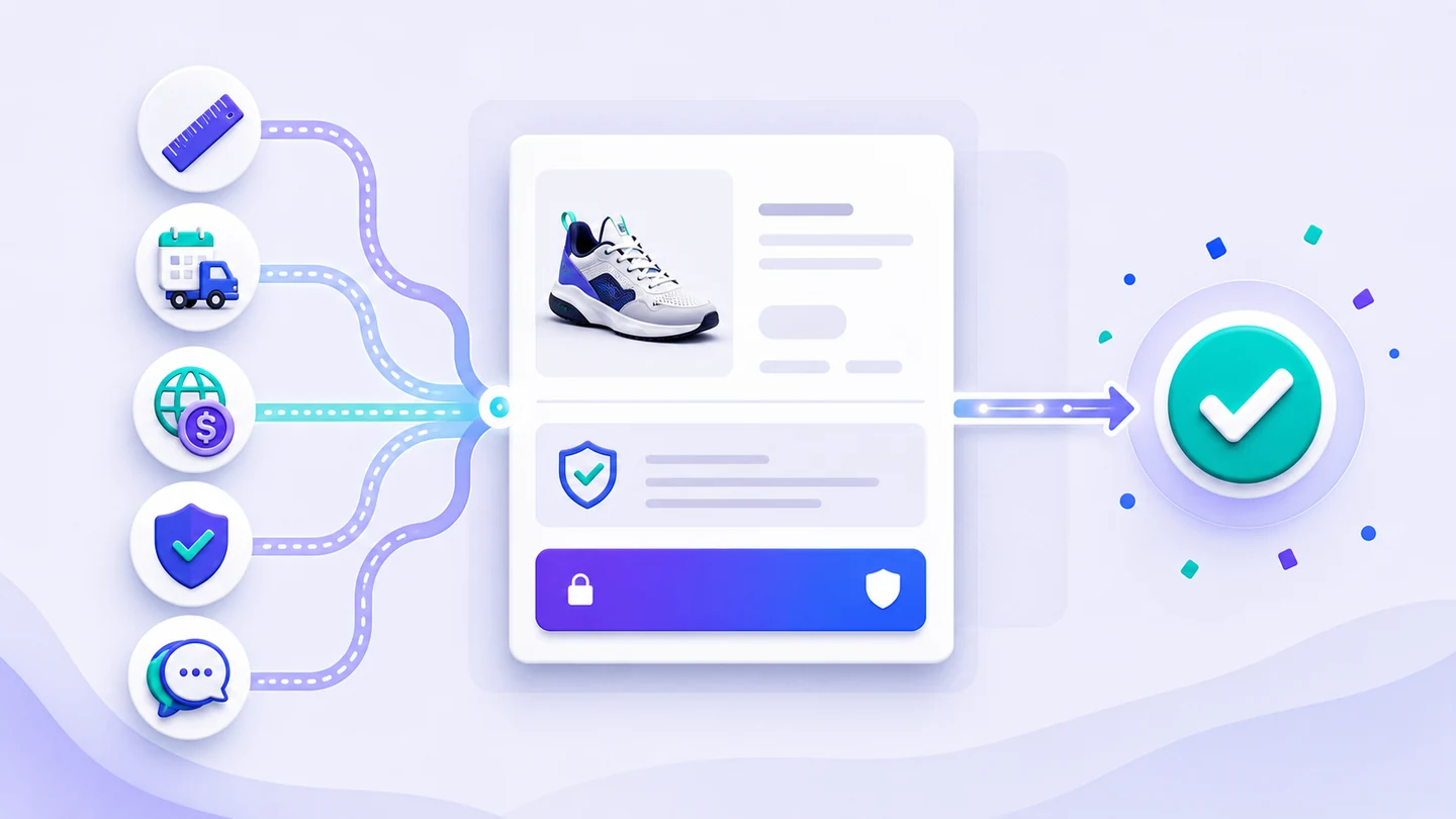 Size, delivery, currency and chat information leading to a confident purchase