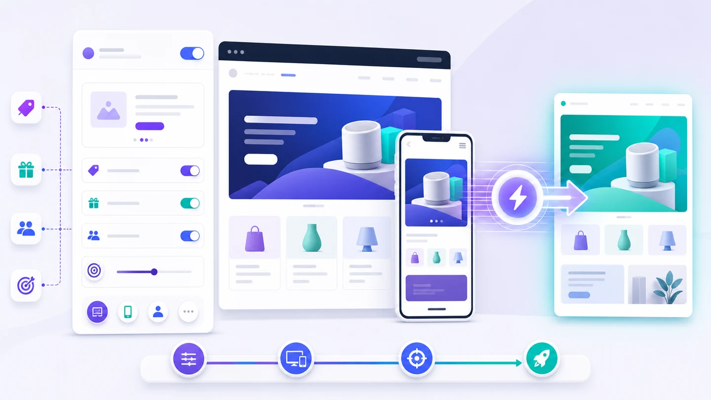 Campaign settings connected to desktop and mobile previews and a published storefront