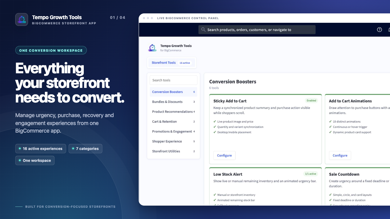Real Tempo Growth Tools workspace inside the BigCommerce control panel